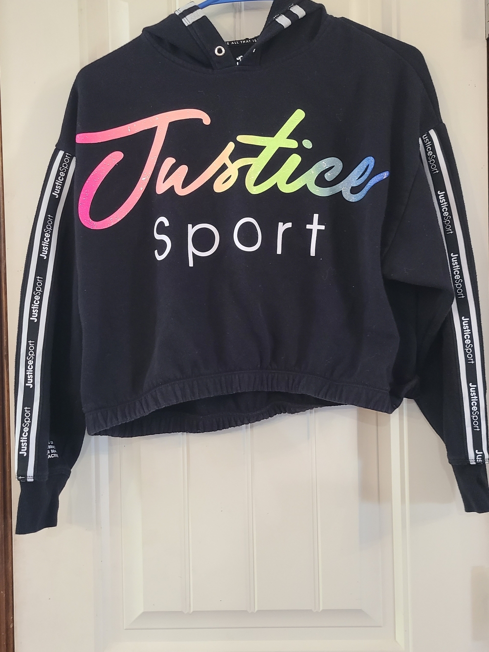 Justice Girl's Black Cropped Hoodie with Rainbow Script Logo Size L